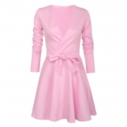 Fashion V Neck Long Sleeve Bow Detail A-line Dress