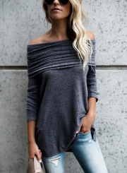 Solid Pleated Slash Neck Long Sleeve Knit Tee Shirt