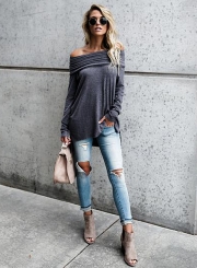 Solid Pleated Slash Neck Long Sleeve Knit Tee Shirt