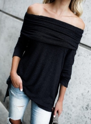 Solid Pleated Slash Neck Long Sleeve Knit Tee Shirt