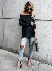 Solid Pleated Slash Neck Long Sleeve Knit Tee Shirt