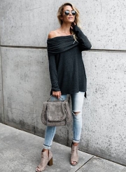 Solid Pleated Slash Neck Long Sleeve Knit Tee Shirt