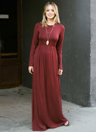 Solid Long Sleeve High Waist Round Neck Long Dress YOUYOUFASHIONEC.com