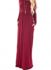 Solid Long Sleeve High Waist Round Neck Long Dress