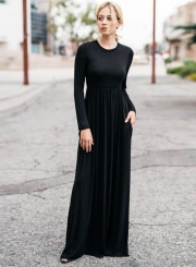 Solid Long Sleeve High Waist Round Neck Long Dress