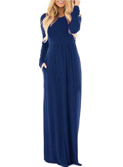 Solid Long Sleeve High Waist Round Neck Long Dress YOUYOUFASHIONEC.com