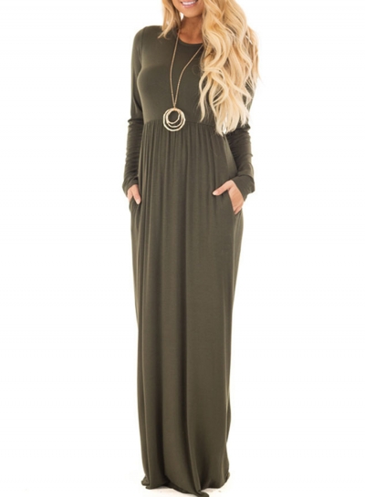 Solid Long Sleeve High Waist Round Neck Long Dress YOUYOUFASHIONEC.com