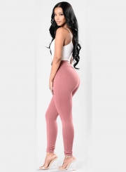 Casual High Waist Solid Color Lace Up Leggings