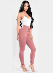 Casual High Waist Solid Color Lace Up Leggings