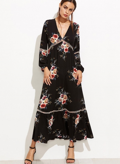 Vintage V Neck Floral Maxi Dress