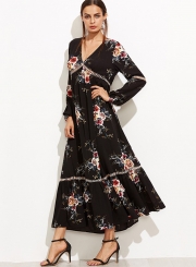 Vintage V Neck Floral Maxi Dress