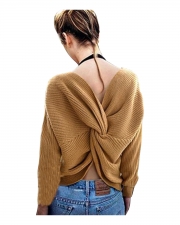 Fashion V Neck Back knot Loose Fit Sweater