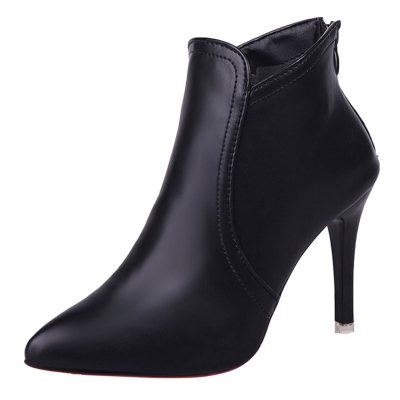 Pointed Toe Back Zipper Solid Color Ankle Boots STYLESIMO.com