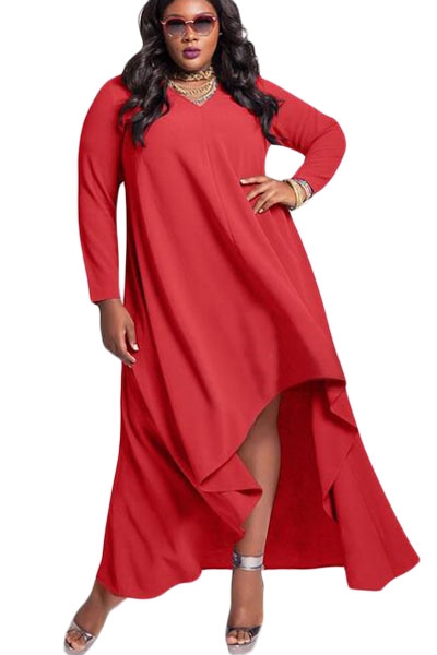 Red V Neck Long Sleeve High Low Plus Dress STYLESIMO.com
