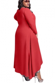 Red V Neck Long Sleeve High Low Plus Dress