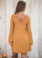 Elegant Round Neck Flare Sleeve Solid Color Backless Dress