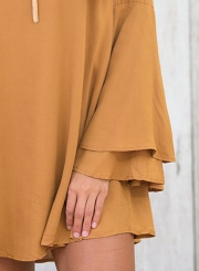 Elegant Round Neck Flare Sleeve Solid Color Backless Dress