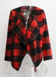 Open Front Turn-down Collar Plaid Coat