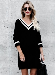 V Neck Long Sleeve Color Block Knit Dress