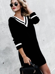 V Neck Long Sleeve Color Block Knit Dress