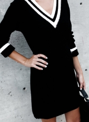 V Neck Long Sleeve Color Block Knit Dress