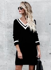 V Neck Long Sleeve Color Block Knit Dress