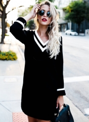 V Neck Long Sleeve Color Block Knit Dress