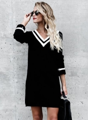 V Neck Long Sleeve Color Block Knit Dress