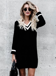 V Neck Long Sleeve Color Block Knit Dress