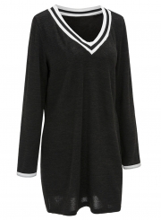 V Neck Long Sleeve Color Block Knit Dress