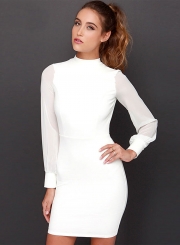 Sexy Round Neck Long Sleeve Backless Solid Color Dress