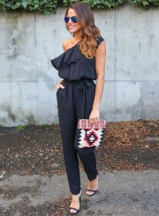 Fashion One Shoulder Ruffle Jumpsuit with Belt