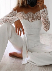 Slash Neck Off Shoulder Long Sleeve Lace Panel Jumpsuit