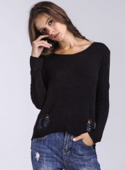 Solid Round Neck Hollow out Long Sleeve Pullover Sweater