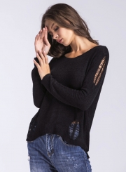 Solid Round Neck Hollow out Long Sleeve Pullover Sweater