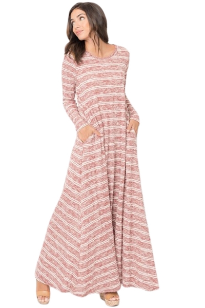 Purplish Red Striped Pocket Maxi Dress