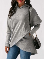 Fashion Long Sleeve Solid Color Asymmetric Design Hoodie