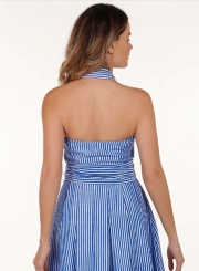 Stripe Halter Neck Sleeveless Backless High Low Dress