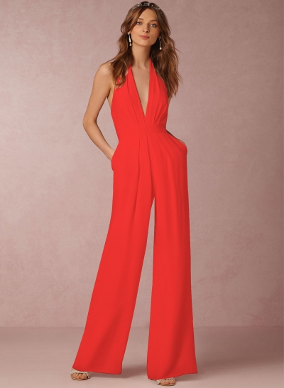 Fashion Halter V Neck Backless Wide-Leg Jumpsuit YOUYOUFASHIONEC.com