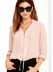 V Neck Long Sleeve Solid Chiffon Blouse