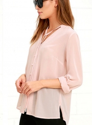 V Neck Long Sleeve Solid Chiffon Blouse