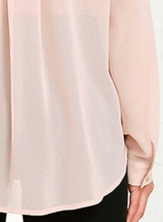 V Neck Long Sleeve Solid Chiffon Blouse