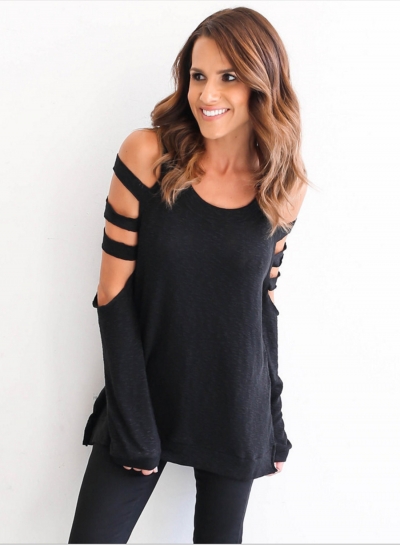 Cut out Shoulder Long Sleeve Solid Tee