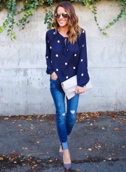 Casual Long Sleeve Polka Dots Loose Fit Blouse