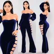 Fashion Off Shoulder Long Sleeve Velvet Flared Jumpsuit