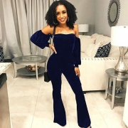 Fashion Off Shoulder Long Sleeve Velvet Flared Jumpsuit