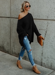 Solid One Shoulder Long Sleeve Irregular Pullover Sweater