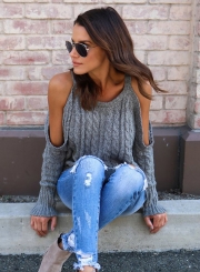 Fashion Round Neck Long Sleeve Off Shoulder Solid Color Pullover Sweater