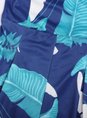Fashion Strapless Palm Leaf Printed Wide Leg Jumpsuit