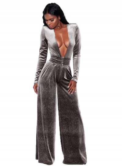 Fashion Deep V Neck Long Sleeve Solid Color Jumpsuit